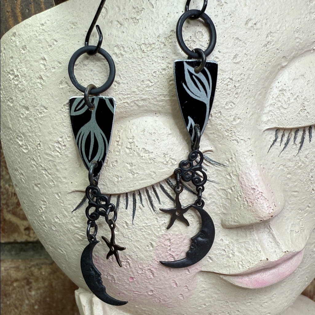 Black And Silver Vintage Tin Black Moon Dangle Earrings